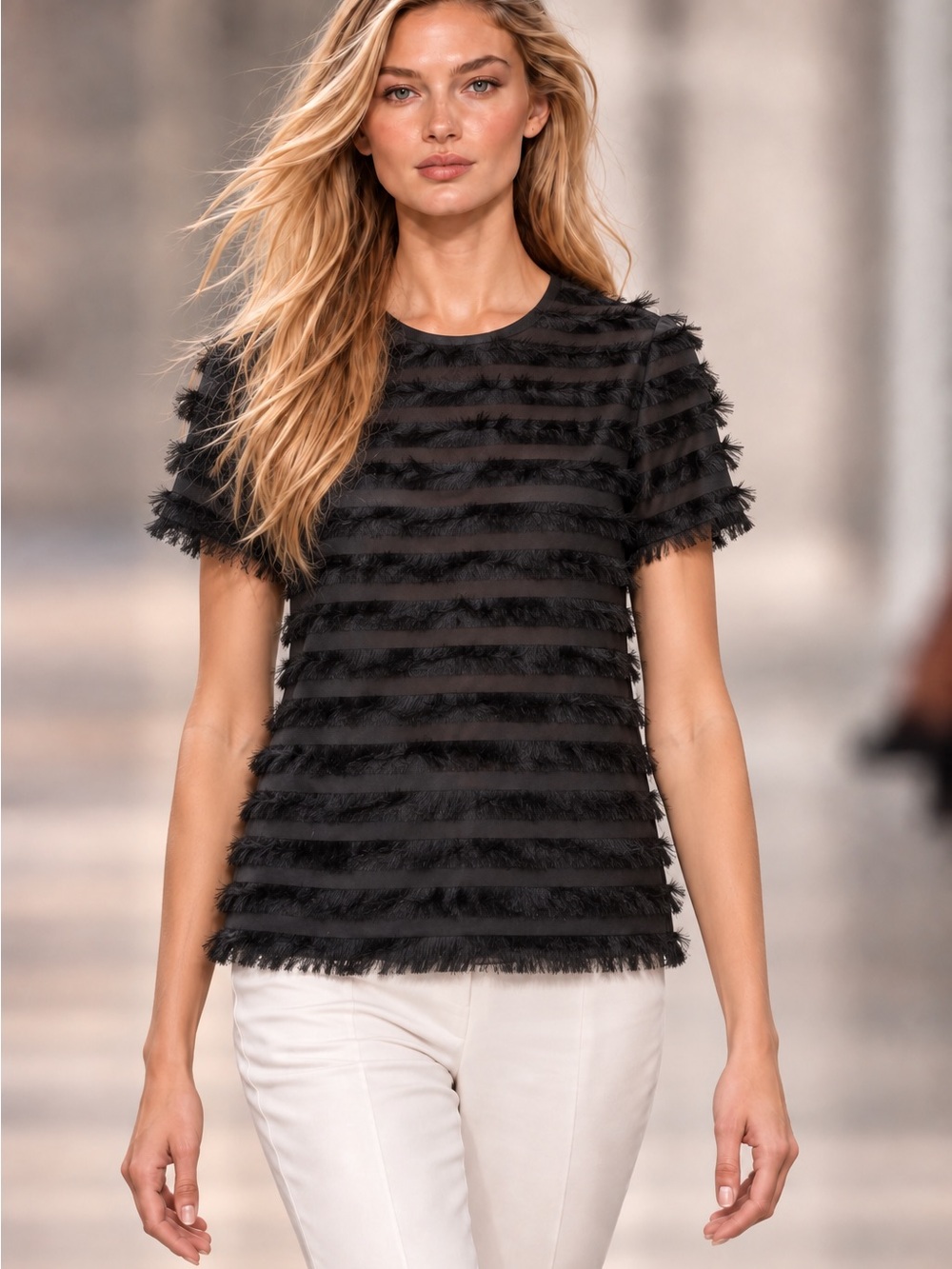 NWT Akris Punto Black Fringed Short Sleeve Blouse Size 6